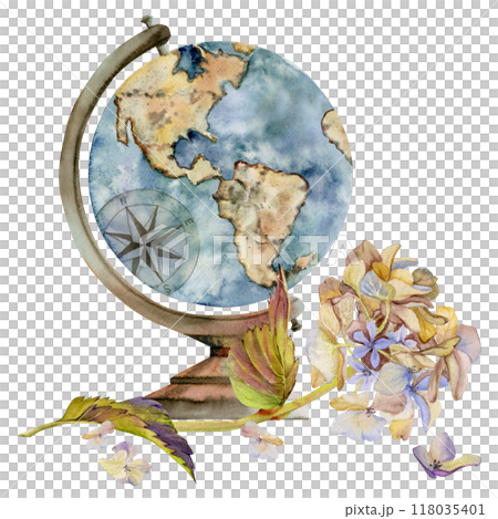 Navigation old vintage globe, Americas view, with hydrangea hortensia flower branch leaves. Watercolor hand drawn illustration. Design for tourism, travel, school, wedding, guide, print, card tattoo. Navigation old vintage globe, Americas view, with hydrangea hortensia flower branch leaves. Watercolor hand drawn illustration. Design for tourism, travel, school, wedding, guide, print, card tattoo. 118035401