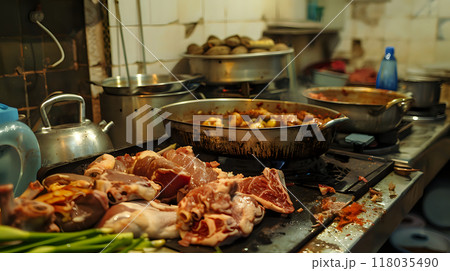Busy Kitchen Counter with Fresh Meat and Vegetables During Meal Preparation 118035490