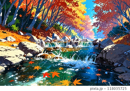 秋のイメージイラスト　渓流の紅葉に流れるもみじ 118035725