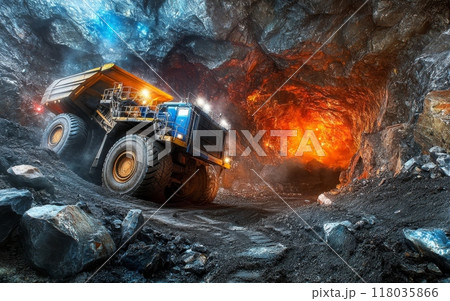 A large yellow mining truck navigating through a dramatically lit underground cavern, with fiery red glow in the background contrasting with cool blue tones A large yellow mining truck navigating through a dramatically lit underground cavern, with fiery red glow in the background contrasting with cool blue tones 118035866