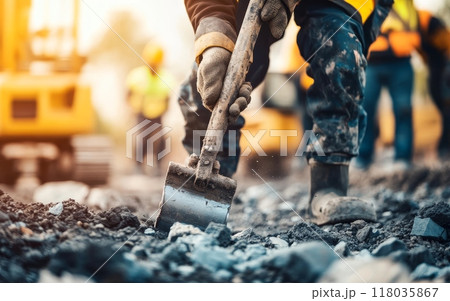 Close-up of construction worker's hands holding a shovel, digging through rubble and debris at a construction site with other workers in the background 118035867
