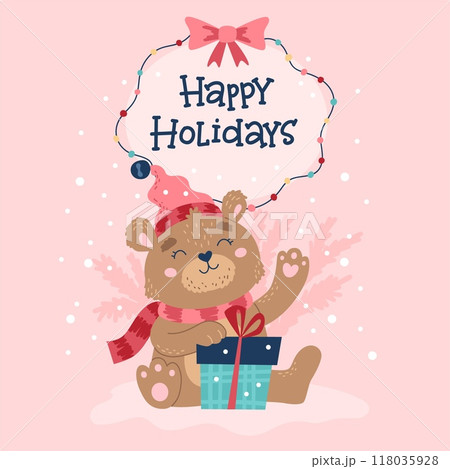 Cute bear Christmas card, cute character wearing hat and scarf holding present. Hand drawn lettering. Vector illustration Cute bear Christmas card, cute character wearing hat and scarf holding present. Hand drawn lettering. Vector illustration 118035928