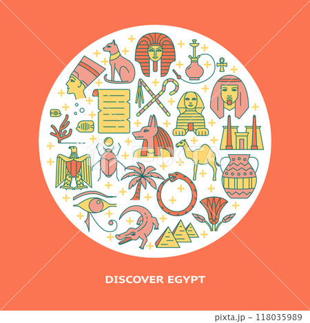 Round banner with Egypt symbols in colored line style 118035989