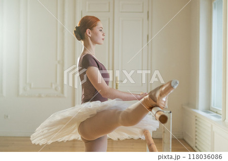 Young ballerina in tutu skirt stretching practicing ballet positions dancing near ballet barre in dance class. Young classical dancer woman in dance studio. Ballet class training Ballet school concept 118036086