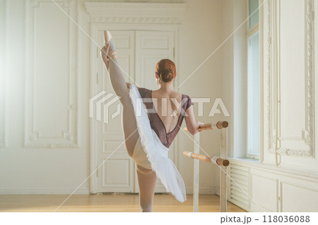 Young ballerina in tutu skirt stretching practicing ballet positions dancing near ballet barre in dance class. Young classical dancer woman in dance studio. Ballet class training Ballet school concept 118036088