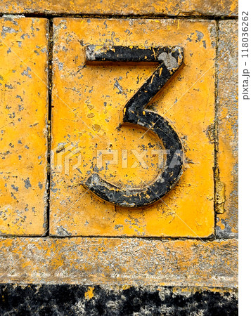 Written Wording in Distressed State Typography Found Number Three 3 Written Wording in Distressed State Typography Found Number Three 3 118036262