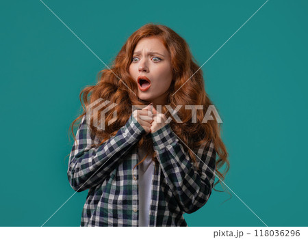 Nervous beautiful woman heard bad news. Young lady feeling sorrow, regret, drama, anxiety, despair. hopelessness 118036296