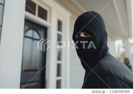 A man wearing a black mask stands at the front door of a house, with a serious expression. A man wearing a black mask stands at the front door of a house, with a serious expression. 118036560
