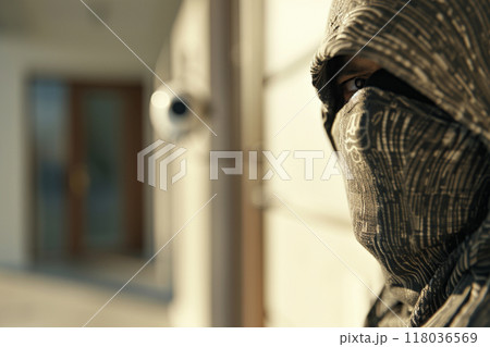 A man in a mask stands beside a security camera near the entrance of a building, partially in shadow. A man in a mask stands beside a security camera near the entrance of a building, partially in shadow. 118036569