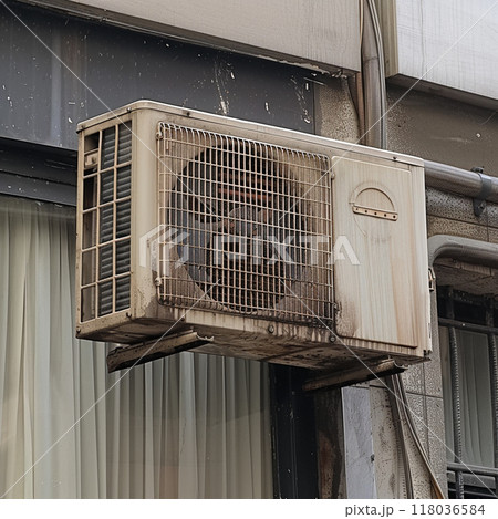 A close-up view of an old, dirty air conditioning unit mounted on an exterior wall. 118036584