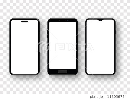 Set of Realistic smartphone mockup. Mobile phone with empty white screen on transparent background. Set of Realistic smartphone mockup. Mobile phone with empty white screen on transparent background. 118036754