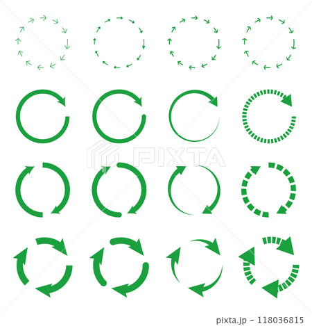 Green arrow icon set on white background. Recycle symbol. Circular arrow. Vector 118036815