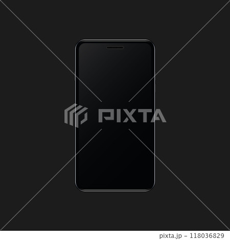 Black smartphone mockup on dark background. Realistic mobile phone with blank, empty screen. 3d device. Vector 118036829