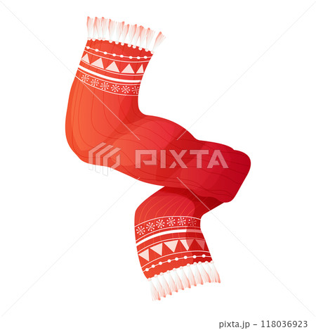 Warm red winter knitted scarf. Woolen wear with holiday ornament. Christmas sticker. Accessory  118036923