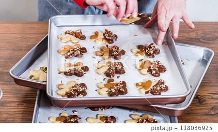 Carefully packaging Christmas cutout cookies, half-dipped in chocolate and presented in clear cellophane wrapping, perfect for festive gifting. 118036925
