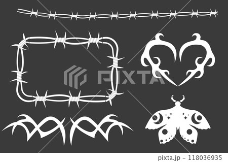 Barbed wire set twisted frames y2k, borders tattoo, gothic textured steel frame, spiky oval barrier, white silhouette isolated on dark background. Barbed wire set twisted frames y2k, borders tattoo, gothic textured steel frame, spiky oval barrier, white silhouette isolated on dark background. 118036935