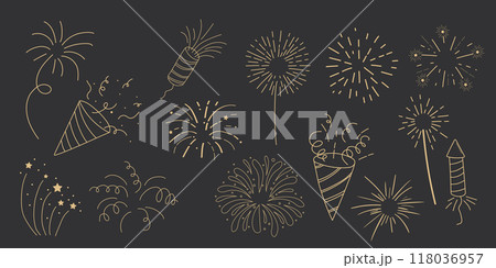 Set gold fireworks, firecrackers golden burst, rays festive doodle sparkle lights isolated on dark background.Celebration, Party Icon, Anniversary, New Year Eve, independence 118036957