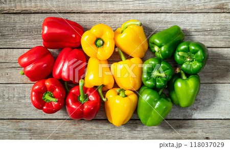 Fresh sweet bell pepper paprika photography red , green and yellow . Colorful vegetable . Top view Fresh sweet bell pepper paprika photography red , green and yellow . Colorful vegetable . Top view 118037029
