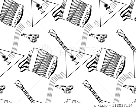 Seamless pattern on the theme of musical instruments. Balalaika, accordion, wooden painted spoons, all objects are hand-drawn in vector. Russian folk instruments. For printing on fabric, paper. 118037114