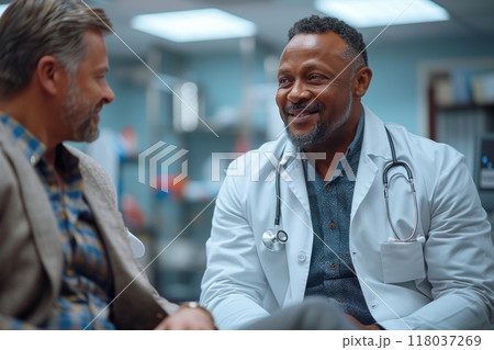 Two male doctors in white coats are having a serious conversation in a modern office. 118037269