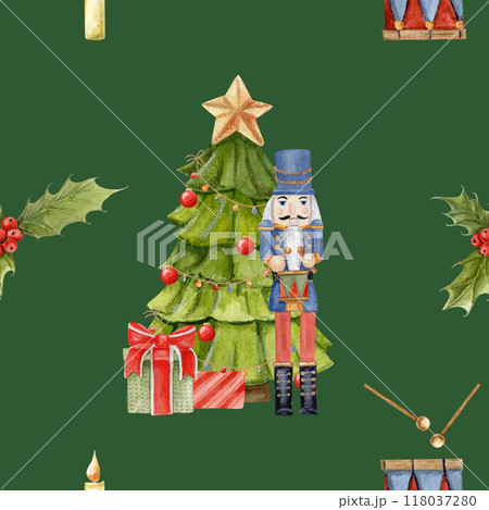 watercolor seamless pattern with decorated Christmas tree, gifts and nutcracker with drum, holly tree, candle on green background watercolor seamless pattern with decorated Christmas tree, gifts and nutcracker with drum, holly tree, candle on green background 118037280