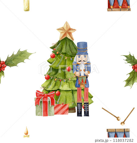 watercolor seamless pattern with decorated Christmas tree, gifts and nutcracker with drum, holly tree, candle on white background 118037282