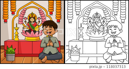 Diwali Praying to Lakshmi Coloring Illustration 118037313