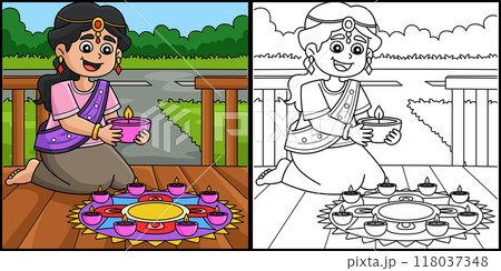 Diwali Girl Holding a Diyas Coloring Illustration Diwali Girl Holding a Diyas Coloring Illustration 118037348
