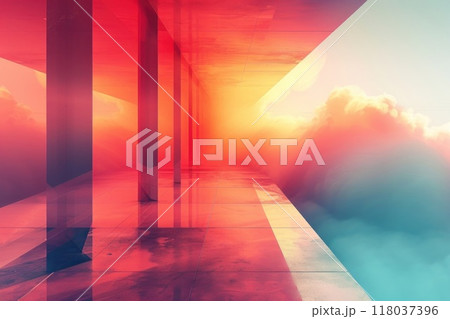 Vibrant surreal sunset over the horizon with a modern indoor space in the foreground 118037396