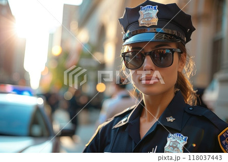 Confident policewoman in sunglasses standing on city street near patrol car, looking at camera. 118037443