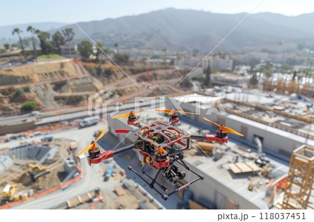 Bright Red Drone Flies over Construction Site with Mountains in Distance 118037451