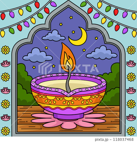 Diwali Diyas Colored Cartoon Illustration 118037468
