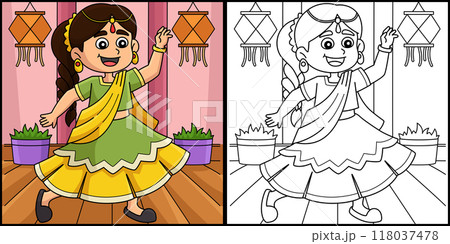 Diwali Festival Girl Dancing Coloring Illustration 118037478