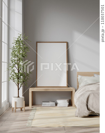 Modern Minimalist Bedroom Interior with Blank Frame, Wooden Furniture, and Natural Light Modern Minimalist Bedroom Interior with Blank Frame, Wooden Furniture, and Natural Light 118037501