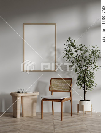 Minimalist 3D Render of Modern Interior with Wooden Chair, Plant, and Blank Frame on Light Wall Minimalist 3D Render of Modern Interior with Wooden Chair, Plant, and Blank Frame on Light Wall 118037506