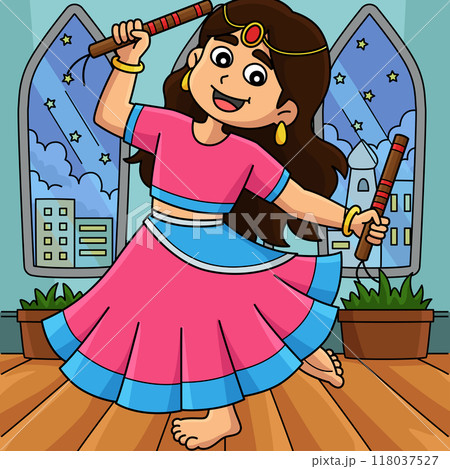 Diwali Festival Girl Dancing with Sticks Colored Diwali Festival Girl Dancing with Sticks Colored 118037527