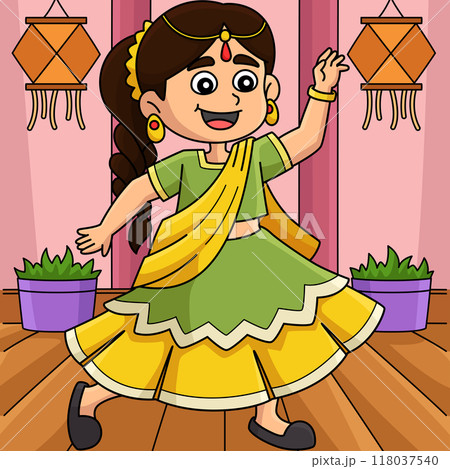 Diwali Festival Girl Dancing Colored Cartoon Diwali Festival Girl Dancing Colored Cartoon 118037540