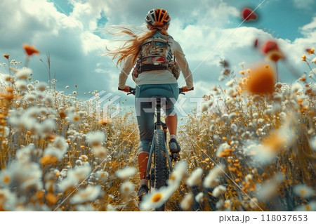 Young woman riding a bicycle through a field of flowers on a sunny day 118037653