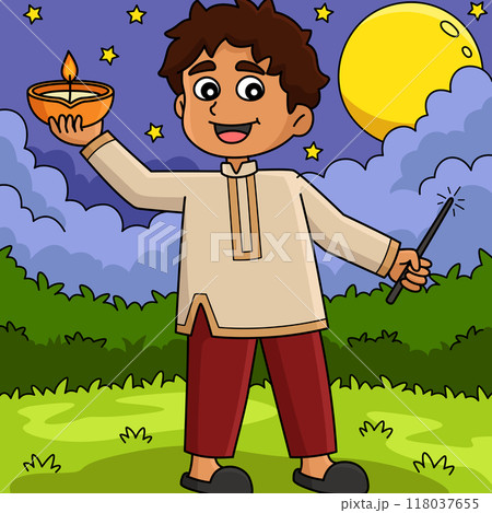 Diwali Boy Celebrating Colored Cartoon Diwali Boy Celebrating Colored Cartoon 118037655