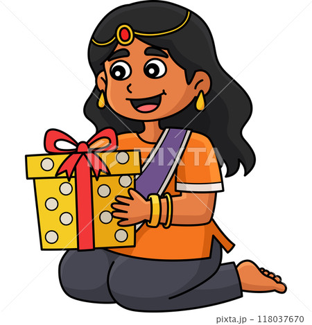 Diwali Girl Holding Gift Cartoon Colored Clipart  118037670