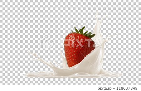 Strawberry in cream splash on black background 118037849