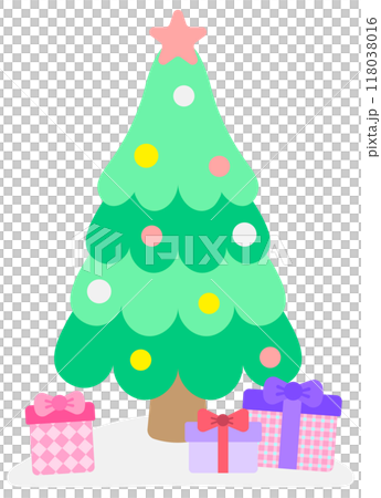 Kids hand drawn cute Christmas tree with pile of gift boxes 118038016