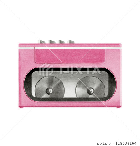 Portable 80's, 90's style retro cassette player in pink color with no cassette inside. Watercolor illustration isolated on white in realistic style Portable 80's, 90's style retro cassette player in pink color with no cassette inside. Watercolor illustration isolated on white in realistic style 118038164