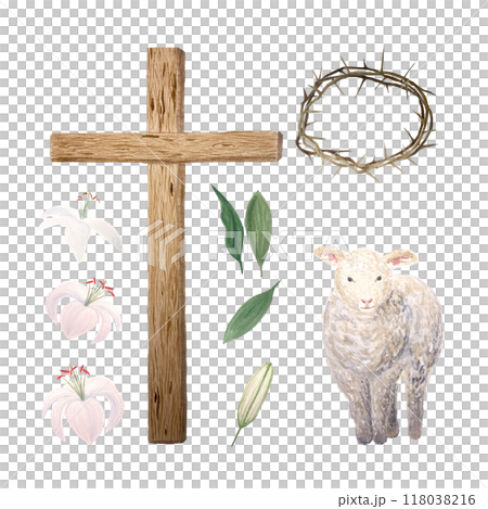 Wooden cross, lamb, crown of thorns, lily watercolor set isolated on white. Illustration perfect for cards, stickers, Easter, Passover, Holy Thursday, christening baptism, wedding church decor design Wooden cross, lamb, crown of thorns, lily watercolor set isolated on white. Illustration perfect for cards, stickers, Easter, Passover, Holy Thursday, christening baptism, wedding church decor design 118038216
