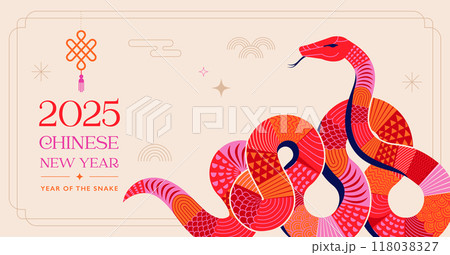 Chinese new year 2025 year of the Snake. Red Snake illustration and design. Red traditional Chinese Chinese new year 2025 year of the Snake. Red Snake illustration and design. Red traditional Chinese 118038327