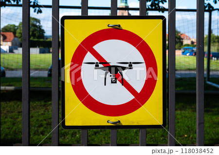 Copenhagen, Denmark - No drone sign above the military domain 118038452