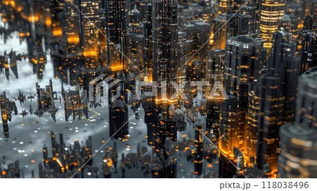 A city skyline at night with the lights from the antiparticle buildings creating a stunning mirrored effect 118038496