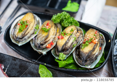 Korean seafood dishes. Grilled abalone shell Korean seafood dishes. Grilled abalone shell 118038785