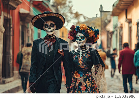 couple walking through the streets of mexico on the day of the dead. Ai generative 118038986