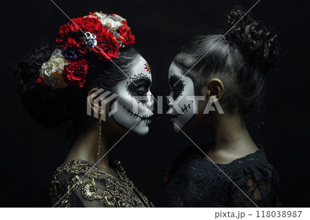 Portrait of mother and daughter wearing makeup for the Day of the Dead, facing each other on a black background. Ai generative 118038987
